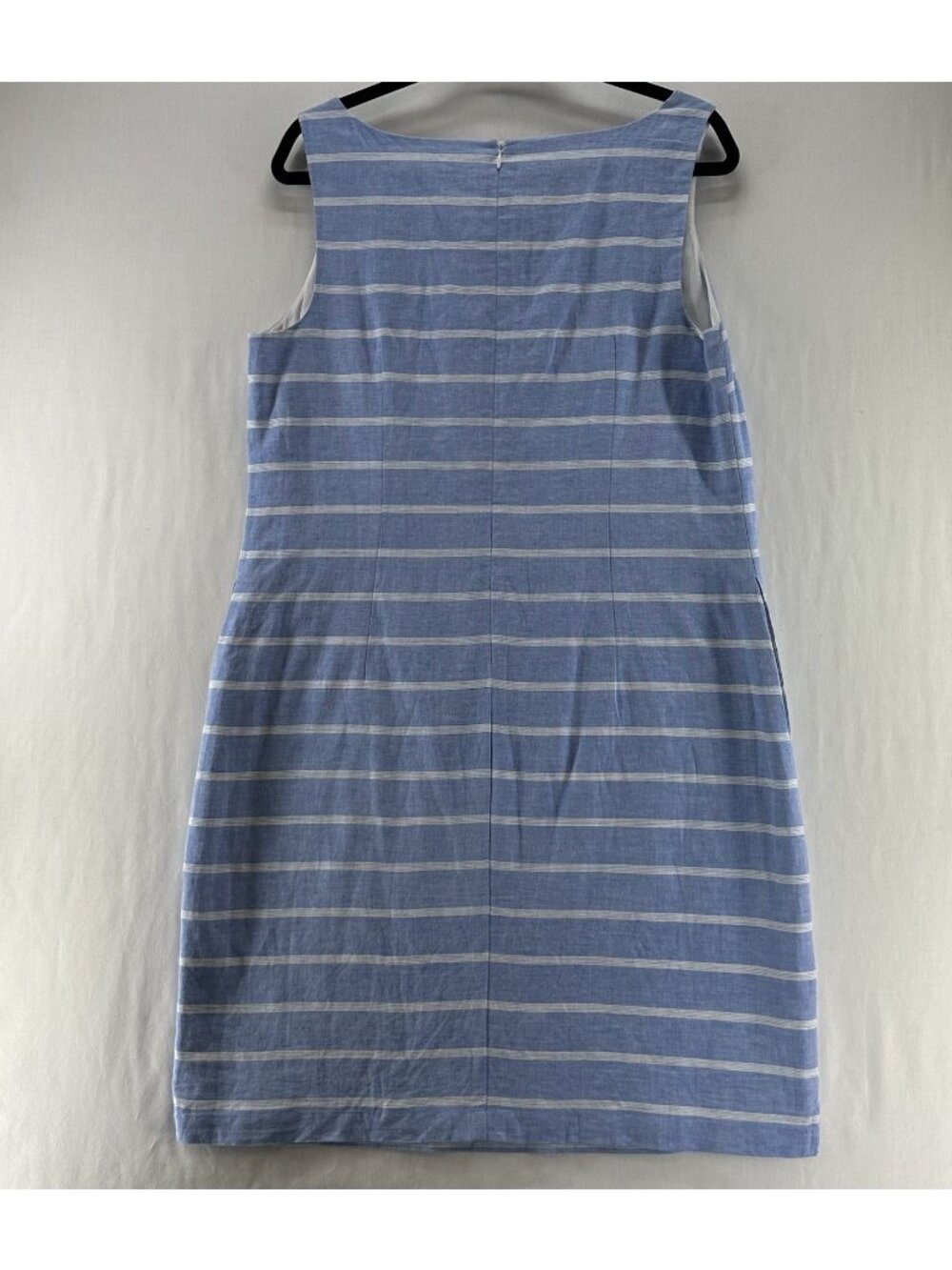 Talbots Linen Cotton Shift Dress 12 Crochet Lace Trim Pockets Striped Blue White - Picture 3 of 14